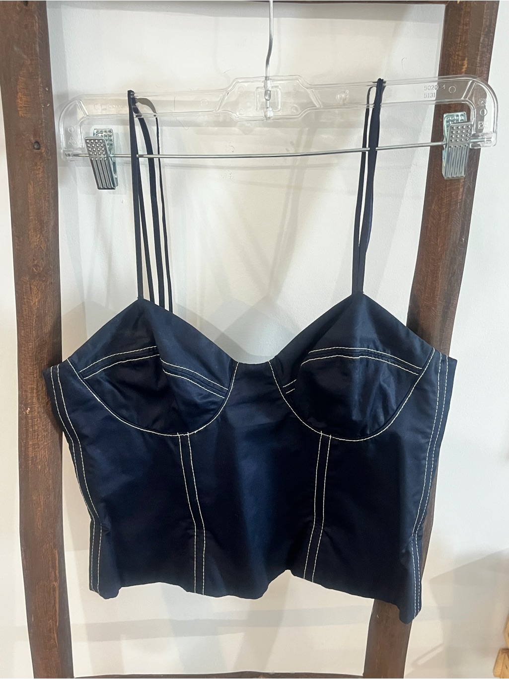 Anna Quan Black Satin Corset Crop Top With White Contrast Stitching